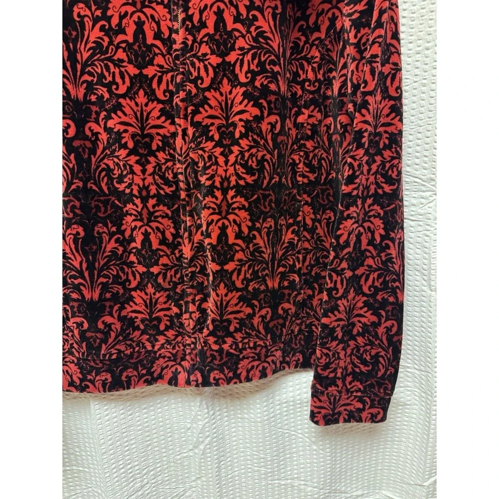 Charter Club Women's‎ SZ P/M Red Black Damask Velvet Zip Up Bomber Jacket Soft